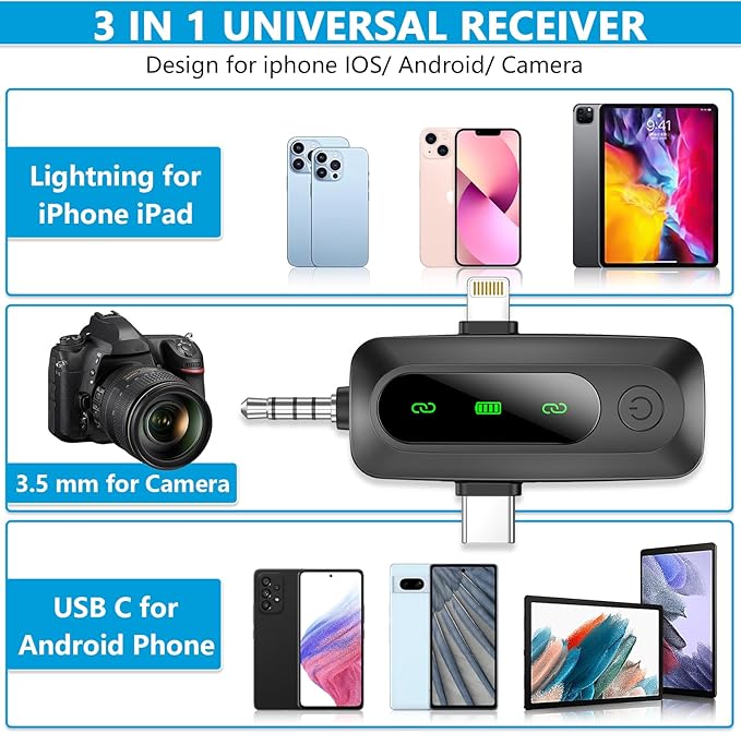 3 in 1 Mini Microphone for iPhone, Android, Camera, LED Display Wireless Lavalier Microphone for Video Recording, Clip on Lapel Lav Mics with Noise Reduction for Interview Vlog YouTube TikTok