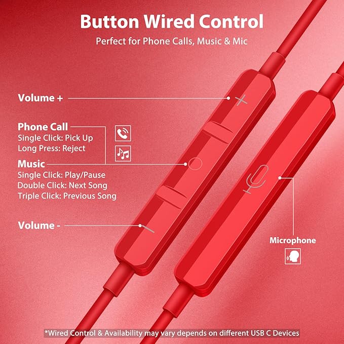 Jiunai USB C Wired Earbuds for iPhone 17 Pro Max 16e Headphone with USB C Plug in Ear Magnetic Stereo S M L Ear Tips Corded Type C Earphone for iPhone 17e 16 15 for Samsung S26 S25 S24 for iPad Red