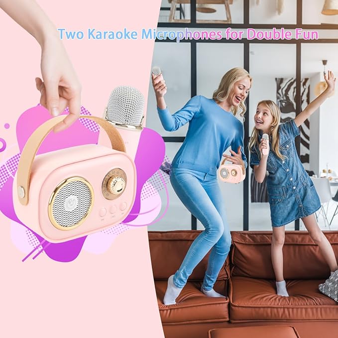 Mini Karaoke Machine for Kids,Portable Bluetooth Speaker with 2 Wireless Microphone,Toys for Girls Boys Gifts,Retro Speaker Set Stereo Sound Enhanced Bass for Home Party Birthday (Pink)