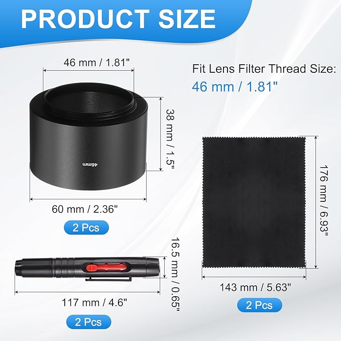 PATIKIL 2 Pcs Lens Hood Shade, 46mm Long-Focus Mount Standard Screw-in Metal Camera Cap Shade with Cleaning Cloth and Cleaning Pen, Black
