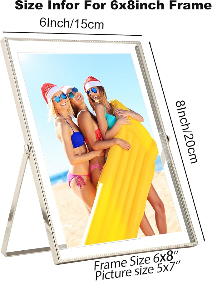 6x8''Silver Floating Photo Frame Set of 2, For Photo Sizes (4x6'' 5x7''), Metal beaded Edge 5x7 floating Picture Frames silver for Tabletop/Shelf, Classy Gift Choice for Wedding