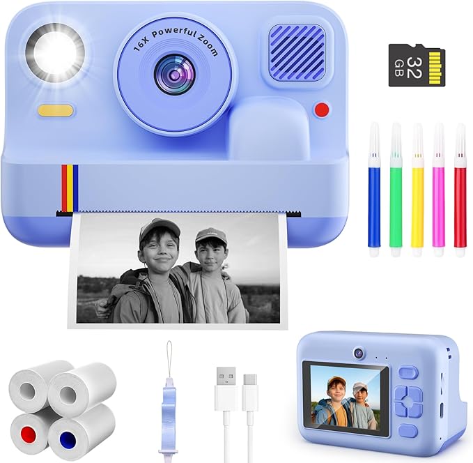 Instant Print Camera for Kids, App Printing, 1080P Video, Dual-Lens Selfie Digital Camera with 32G SD, Christmas Birthday Gifts for Girls Boys 4 5 6 7 8 9 10 11 12 Year Old, Toddler Toy_Blue