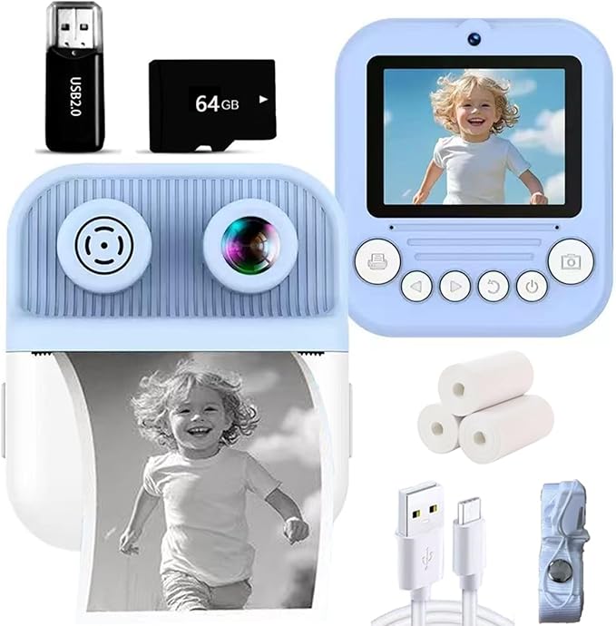 Dual-Lens Instant Print Camera for Kids, 48MP Thermal Instant Printing Camera with 2.4 Inch IPS Screen for Toddler, Boys Girls Christmas Birthday Gifts Photo Printer with 64GB SD Card (Blue)