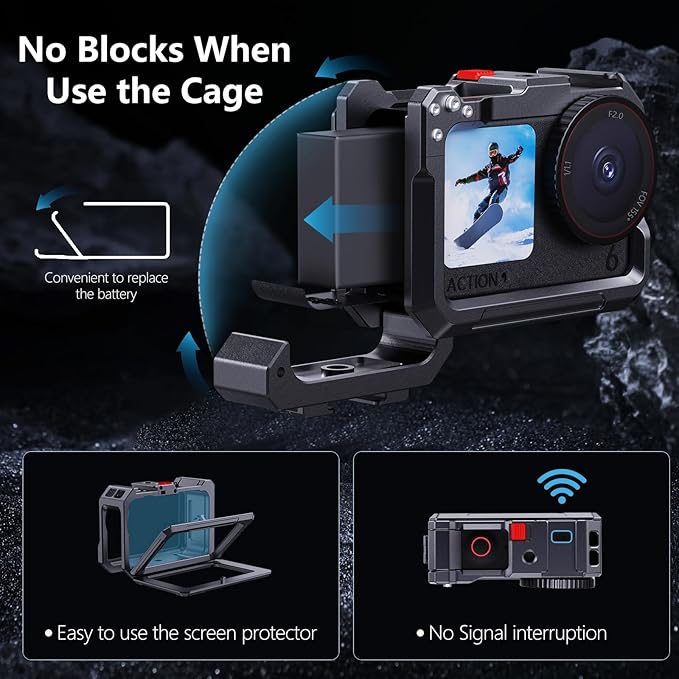 Aluminum Alloy Camera Cage Compatible with DJI Osmo Action 6 Camera Accessories, Protective Cage Expansion Frame Case with Cold Shoe Mount | 1/4" Screw Adapter for Tripod, Selfie Stick