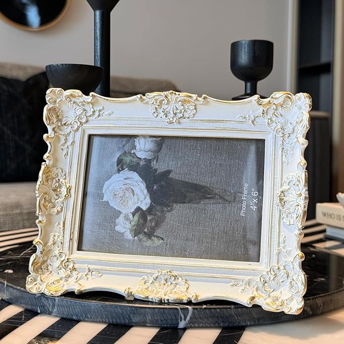 CISOO 4x6 Vintage Picture Frame, Antique Ornate White with Gold Photo Frame, for Table Top and Wall Display, Decorative Floral Design Retro Home Decor, Photo Gallery Art