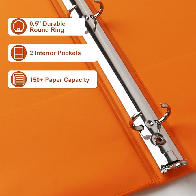CIXILDTS 0.5-inch Round Ring Binder, Durable 1/2" 3 Ring Binder Fit Letter Size Paper, Orange, 6-Pack