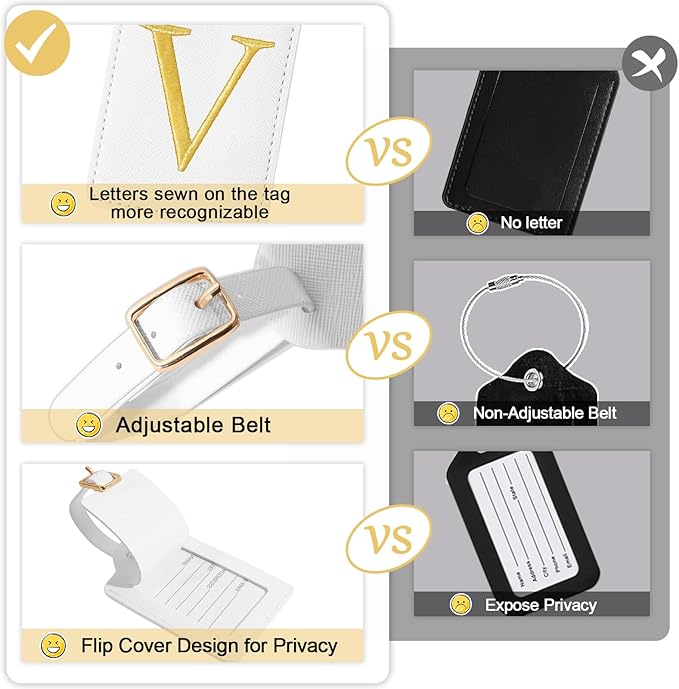 Unique Initial Letter Luggage Tags for Suitcases, Monogrammed Suitcase Luggage Identifier Tag,PU Leather TSA Approved Luggage Tags,Bag Tags for Men Women Kids Luggage Baggage(White V)