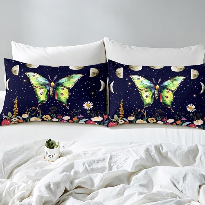 Erosebridal Death Moth Flat Sheet,Twin for Women Men Boys Gothic Decor Sheet Sets,Kids Girls Moth Skull Fitted Sheet Spring Summer Floral Botancial Moon Print Bedding,Exotic Animal Moths Bed Sheet