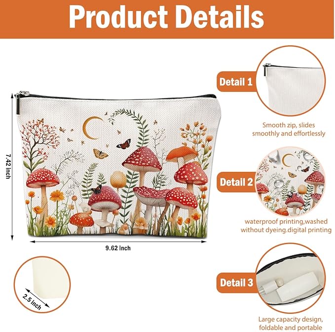 2 PCs Floral Mushroom Makeup Bag Mushroom Gifts Cosmetic Bag, Mushroom Stuff mushroom bag, Mushroom Gift for Women Girls Friends Coworkers Christmas birthday Gifts Botanical Zipper Pouch