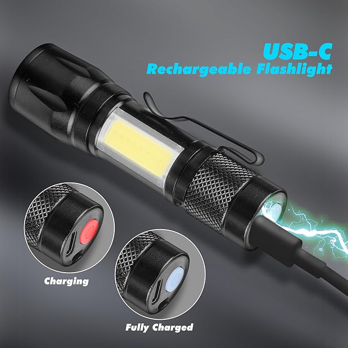 KunHe 4 Pack Rechargeable Flashlights USB-C mini Small LED Lantern Flashlights Bright Clip-On Light EDC Flash Light with Side COB Light for Camping Home Emergency