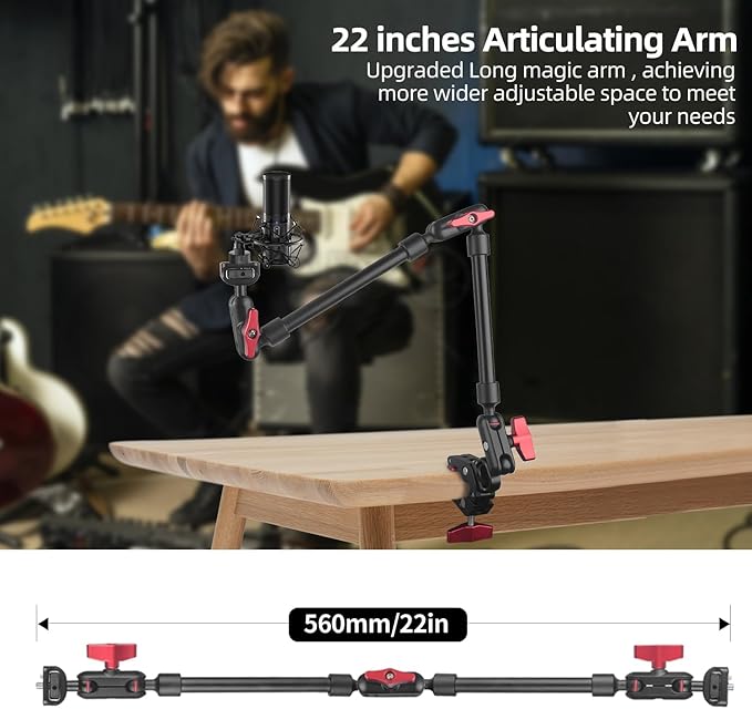 HEMMOTOP 22in Magic Arm with Clamp, Long Articulating Arm Camera Mount, Adjustable Phone Mount Holder 360° Rotation, Mic Arm for Microphone, LED Lights, for iPhone, Tripod, Desk, Table