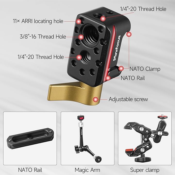 MINIFOCUS NATO Clamp, NATO Rail Lock Clamps Quick Release with 1/4" 3/8" ARRI Thread, Standard NATO Clamp for Camera Cage Friction Arm Ballhead Cold Shoe Monitor Mount