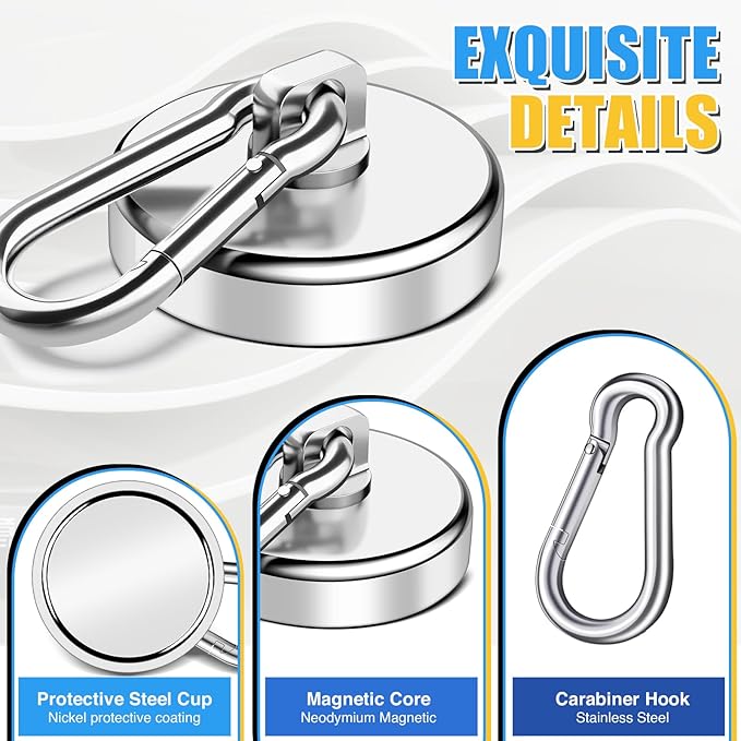 VSKIZ 200Lbs Magnetic Carabiner Hooks, 2 Pack Strong Magnetic Hooks Heavy Duty with Swivel Carabiner for Cruise, Black Neodymium Magnet Hooks Magnetic Wall Hanger for Hanging, Toolbox, Grill, Cabins