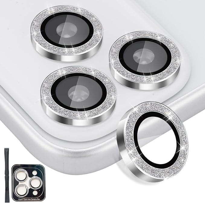 Camera Lens Protector for iPhone 17 Pro/17 Pro Max, Aluminum Alloy Tempered Glass Lens Protector with Installation Frame Fits for iPhone 17 Pro/17 Pro Max (Glitter Silver)