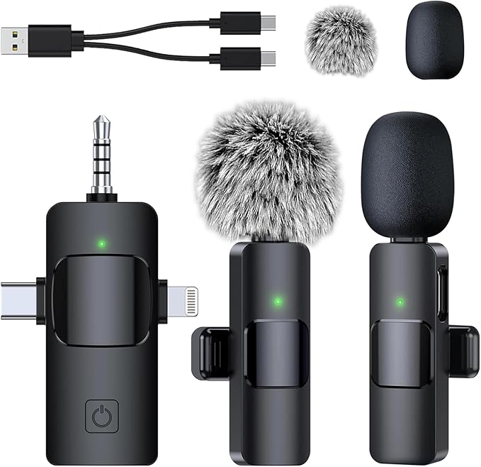 Mini Microphone for iPhone/Android/Camera 3 in 1 Wireless Lavalier Mic with Noise Cancellation Plug&Play Clip-On, 12H Battery, 65FT Range for YouTube, TikTok, Vlogging, Interviews, Influencer