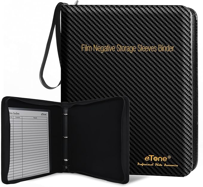 eTone Film Negative Storage Box, Black PU Leather, 13.18x7.08x1.96 Inch, 3-Ring Binder Album with Velvet Lining for 35mm 120 4x5 8x10 Negatives