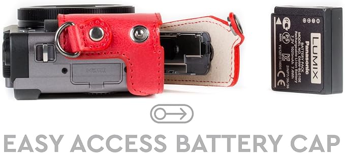 MegaGear MG1262 Ever Ready Leather Camera Case compatible with Panasonic Lumix DC-ZS80, DC-ZS70, DC-TZ95, DC-TZ90 - Red