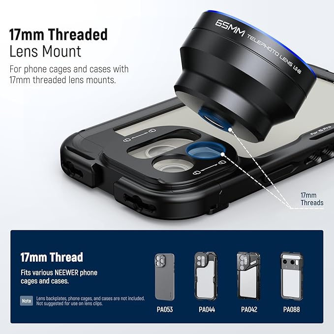 NEEWER HD 65mm Telephoto Phone Camera Lens with Lens Hood for 17mm Thread Lens Backplate Cell Phone Cage Case, 1.7X Zoom Lens Attachment Compatible with iPhone 17 16 15 S25 S24 Ultra Android, LS-66