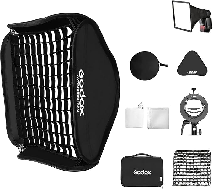 GODOX 32x32inch /80x80cm Foldable Flash Softbox Kit with Grid, Godox S2 S-Type Speedlite Bracket Bowens Mount and Carrying Case for Camera Flash Speedlight Studio Photography Video Shooting