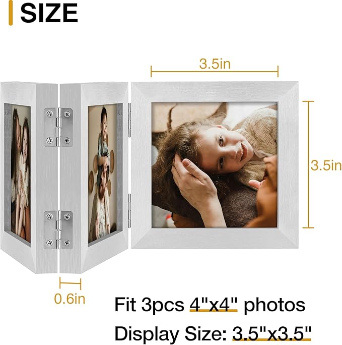 decorUhome Triple 4x4 Picture Frame Vertical, Engineered Wood Trifold Photo Frame with Plexiglass for Tabletop Display, 4x4, Silver