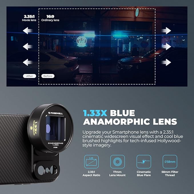 Freewell 1.33x Blue Anamorphic Lens Compatible with 17mm Mount iPhone, Samsung - Premium Smartphone Lens for Wide Cinematic Shots & Bold Blue Flares