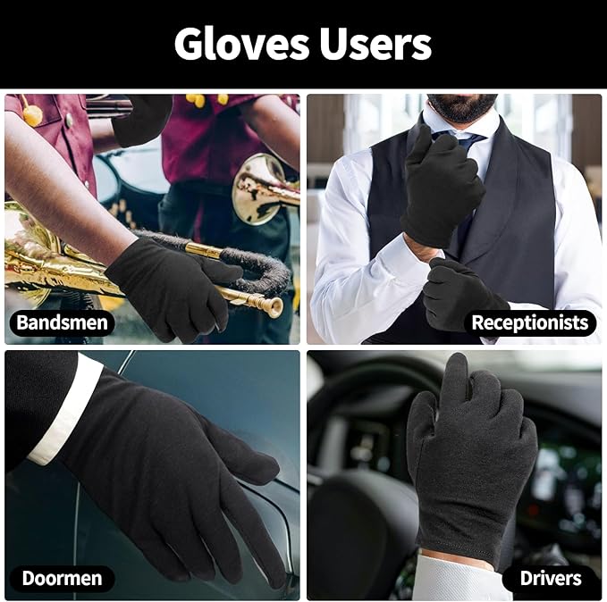 ENPOINT 5 Pairs Small Black Cotton Gloves for Dry Hands Sleeping, Black Work Gloves for Coin Handling, Jewelry, Photography for Men and Women, with 20 Touchscreen Stickers