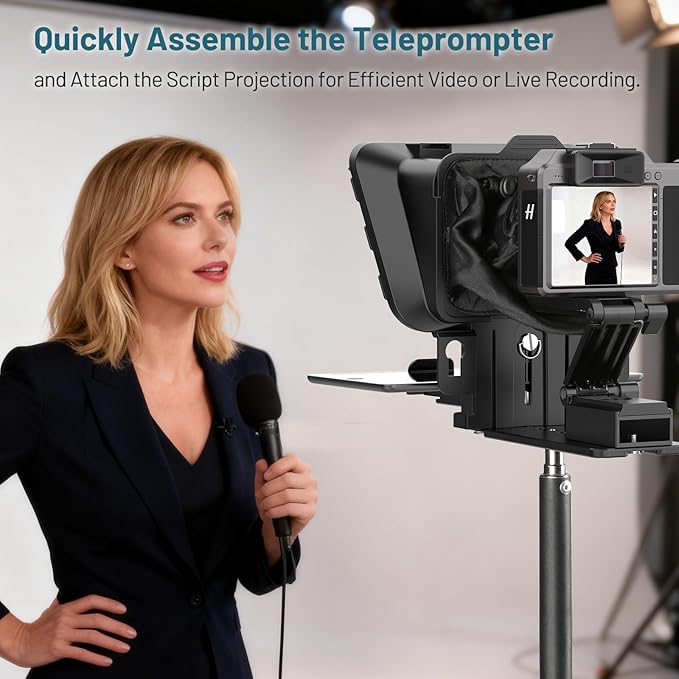 Desview P8 Universal Teleprompter for Smartphone Camera, DSLR Webcam Tablet up to 10" with Bluetooth Remote Foldable Design for Live Streaming Video Recording YouTube TikTok Videos