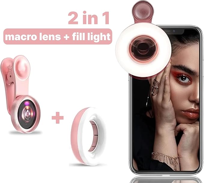 Portable Phone Camera Lens Accessories for Macro Shooting - Wide Angle Pink Macro Lens for iPhone - Camera Attachment for Cell Phone for Girls with Dimming Ring Light and Сonvenient Clip-on