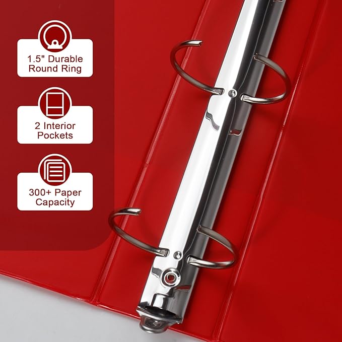 CIXILDTS 1.5-inch Round Ring Binder, Durable 1-1/2" 3 Ring Binder Fit Letter Size Paper, Red, 6-Pack