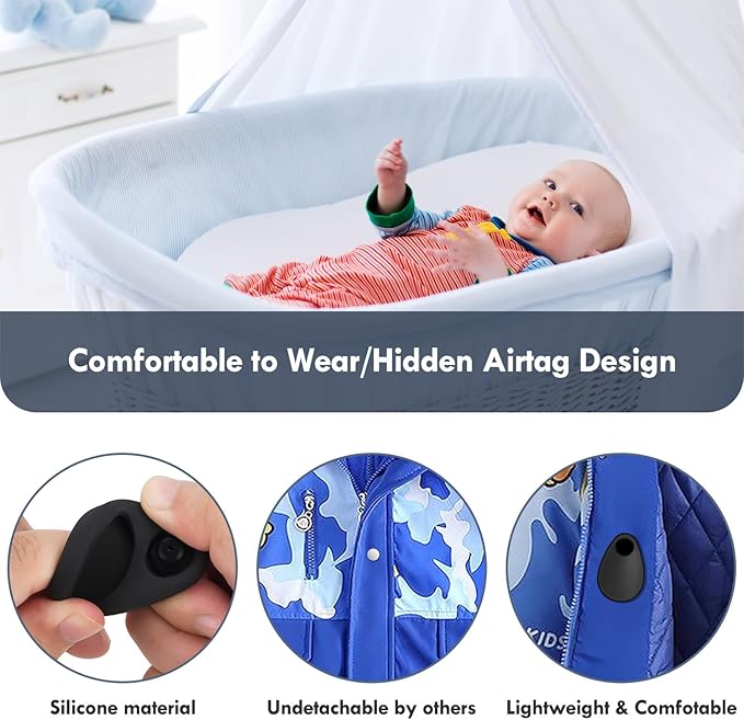 2 Pack Airtag Holder for Kids Hidden,GPS Tracker Case, Anti-Removal Airtag Silicone Case with Pins, Suitable for Children, Elderly, Pets, Backpack, Luggage (White & Black, 2 Pack)