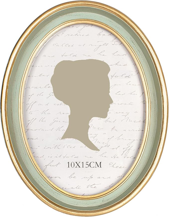 AELS 4x6 Inch Vintage Picture Frame, Elegant Antique Photo Frames with Glass Front, Photo Display, Tabletop Wall Hanging, Gift Ideas, Oval Sage Green with Gold Trim