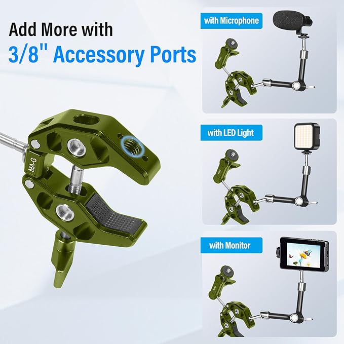 SIRUI Articulating Camera Mount Clamp with Phone Holder, Magic Arm Super Clamp with 1/4"-20 Thread and 3/8"-16 Locating Hole for ARRI, Ball Head Mount for Monitor and Bicycle, MA-G, Green