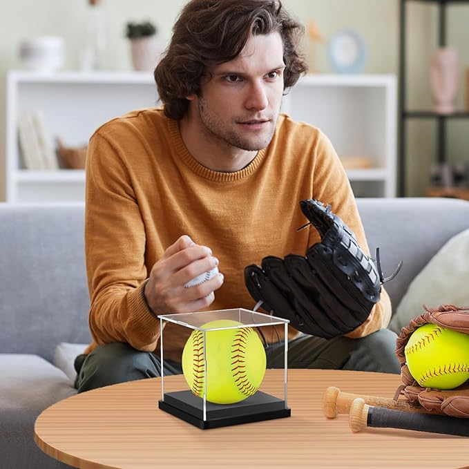 Hooqict Softball Display Case Clear Acrylic Ball Holder UV Protected Softball Case Display Box Championship Square Box for Golf Tennis Game Ball Baseball