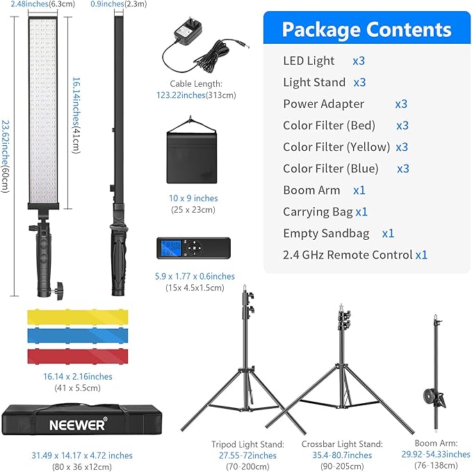 Neewer 3 Packs 2.4 GHz LED Light Stick Photography Lighting Kit with 3 Color Filters - Remote Dimmable 3200k-5600K 21W CRI 95 with Boom Arm Stand, Filters(Red/Yellow/Blue) and Bag, Battery Applicable
