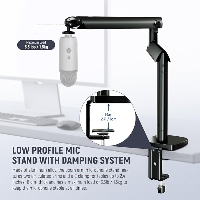 NEEWER Microphone Stand, Low Profile Damped Mic Holder Boom Arm Desk Mount with Ball Head & 3/8" 5/8" Adapters Compatible with Blue Yeti Snowball HyperX QuadCast SoloCast Shure, Max Load 3.3 lb, MS007