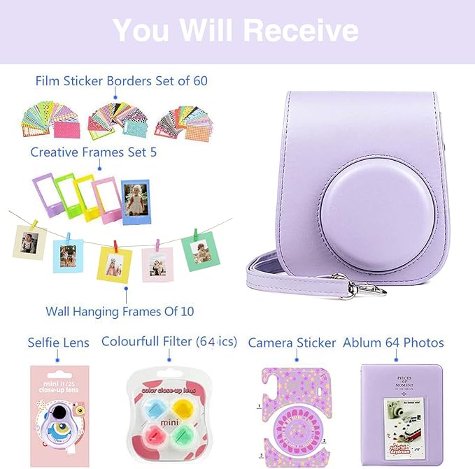 WOGOZAN Mini 11 Accessories for Fujifilm Instax Mini 11 Instant Camera Include Case, Color Filters, Photo Album, 2x3 Frames, Selfie Lens and Stickers (Purple) (No Camera)