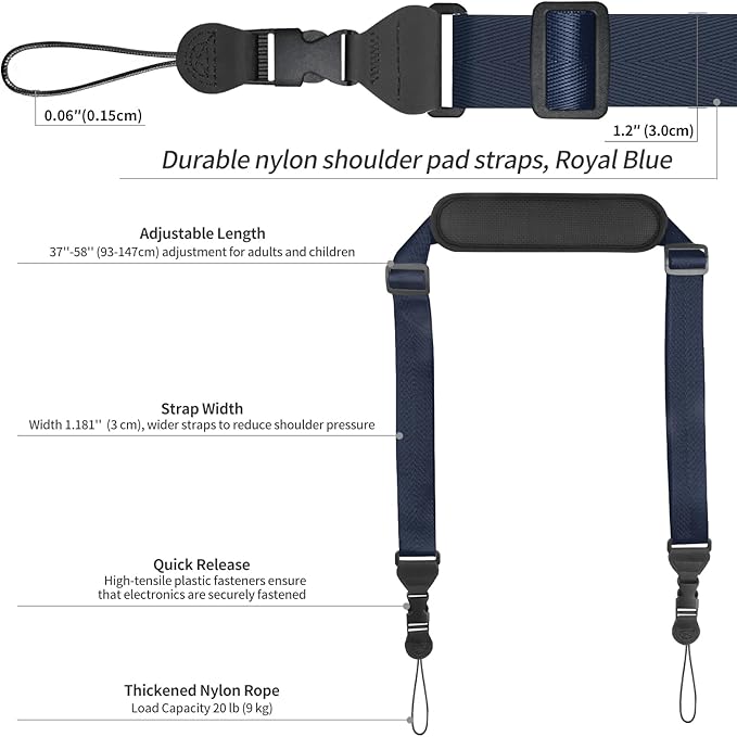 Universal Shoulder Strap, Neoprene Padded Bag Strap with Double Adjustable Buckles, Comfortable Neck Lanyard for Camera, Cellphone Tablet,iPad, Laptop, Binocular, Luggage Bag(Royal Blue)