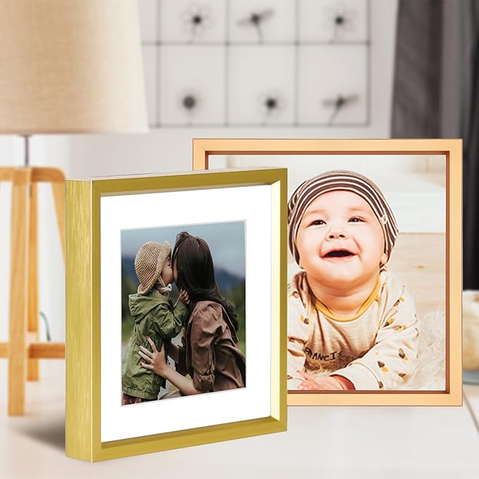 BKABOT 4x4 Picture Frame, Brass Metal Photo Frames with HD Glass, Fits 3x3 with Mat or 4 x 4 without Mat, Display for Wall and Table, 1 Pack