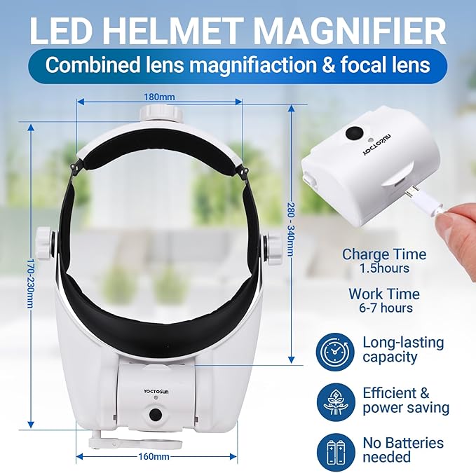 YOCTOSUN LED Headband Magnifier, Rechargeable Illuminated Magnifying Visor -1X to 14X Zoom, Hands Free Head Mounted Magnifying Glasses with Lights for Close Work, Sewing, Crafts, Jewelry, Watch Repair