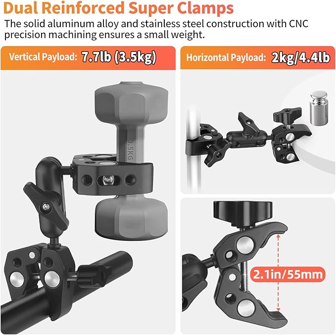 YAYOYA Double Super Clamp Camera Mount, Umbrella Holder Bracket with 360° Ballhead Magic Arm for Pole, Tripod Clamp Mount for Cross Bar, Light Stand, Strollers, Photo Boom Stand, Reflector - CB08