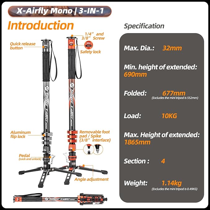 Fotopro 73" 3-in-1 Carbon Fiber Monopod with Pedal, Carbon Fiber Travel Monopod with Feet Max Load 22lbs for DSLR Camera Stabilizer Videography Kit, X-Airfly Mono Orange