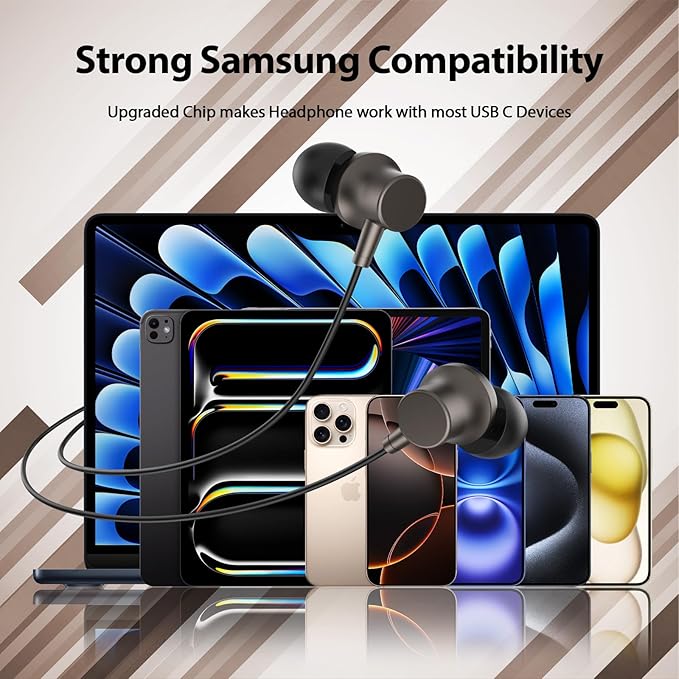 Jiunai Headphones USB C Wired Earbuds for iPhone 17 Pro Max 16 15 Mic in Ear Magnetic S M L Ear Tip Noise Isolated Volume Control Corded Type C Earphone for iPad Pro M5 Air for Galaxy S26 Gun Metal