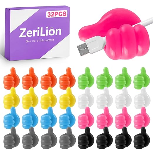 32 Pack Thumbs Up Wall Hooks, Self-Adhesive Silicone Clips for Cable Management, Key Holder, Desk Organizer, Fun Decorative Hooks for Office and Home
