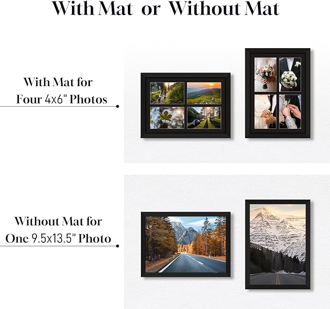 4x6 Photo Collage Frame 4 Openings, 9.5"x13.5" Multi Picture Frame Collage 4"x6" Gallery Wall Decor Wooden, Black Frame with Black Mat, Wood
