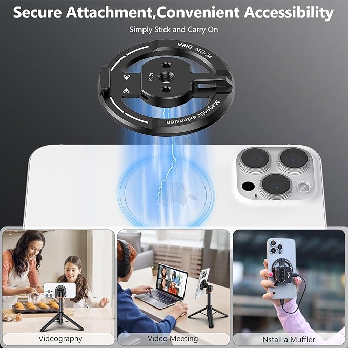 VRIG Magnetic Phone Tripod Mount Adapter with Adhesive Magnetic Ring Compatible with MagSafe iPhone 15 Pro Max 15 Plus 14 13 12, 1/4" Thread for iPhone Video Recording Selfie Stick Ring Light
