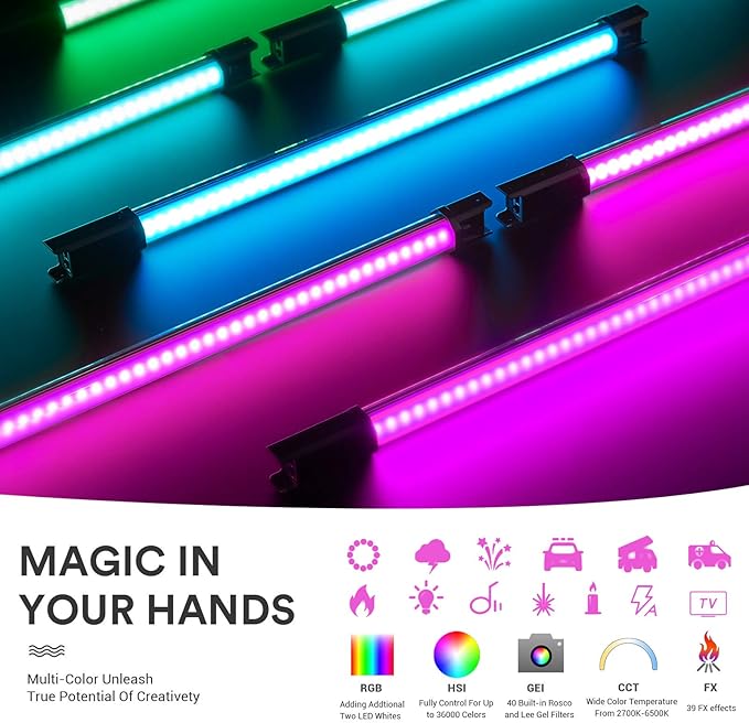 Godox TL60 RGB Tube Light, Full Color RGB LED Video Light, 2700K-6500K Rechargeable Dimmable LED Light Stick, CRI 96+, TLCI 98+ with Built-in 2600mAh Battery and APP DMX Control
