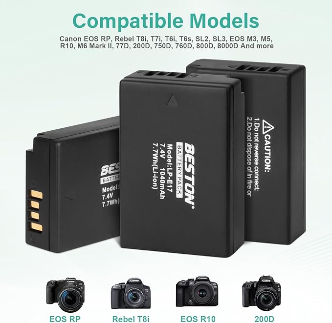 BESTON 3-Pack LP-E17 Battery and Charger Set for Canon EOS R50 R100 RP R10 R8, Rebel T8i, T7i, T6i, T6s, SL2, SL3, EOS M3, M5, R10, M6 Mark II, 77D, 200D, 750D, 760D, 800D, 8000D Camera