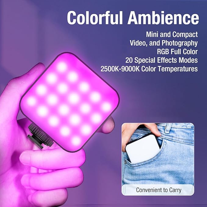 65 LEDs RGB Video Light, 3 Cold Shoe Mounts, 2500K-9000K Adjustable Color Temperature, 1200mAh Rechargeable LED Camera Light for Live Broadcast, Home Theater and Commercial Use
