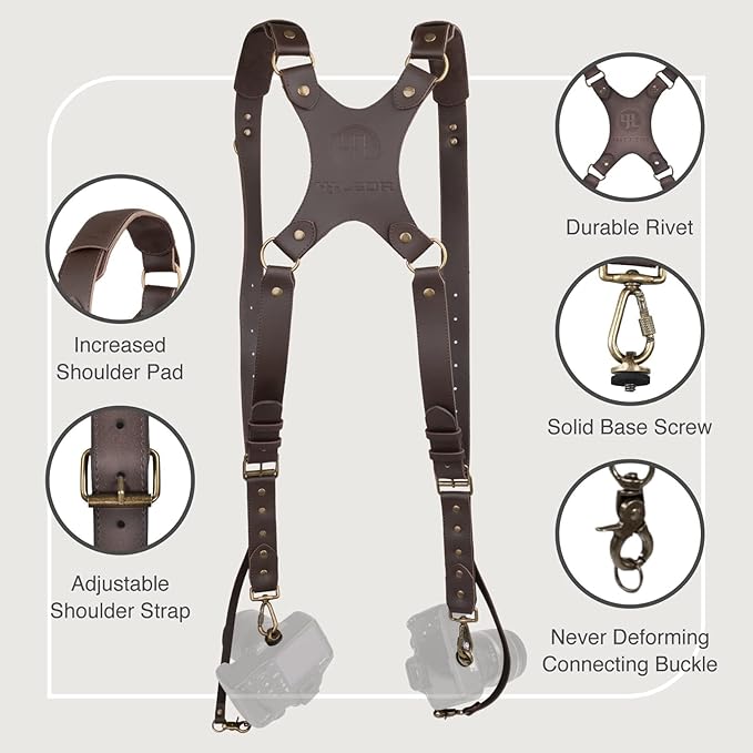 Leather Dual Camera Harness Strap for Photographers,Adjustable Shoulder Crossbody Padded Harness for DSLR SLR