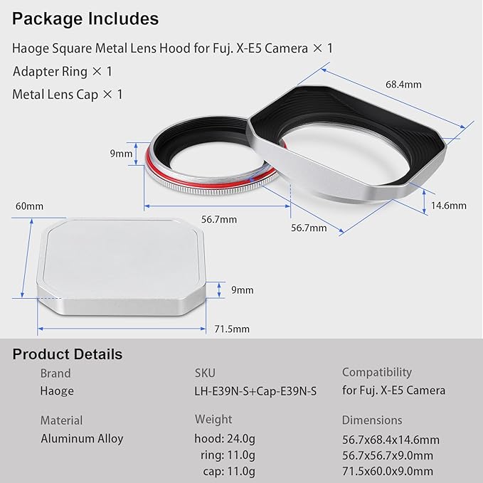 Haoge Squaret Metal Lens Hood for Fujifilm XF23mm F2.8 on XE5 Cemera Body kit & Fujinon XF27mmF2.8 R WR Lense,with Metal Cap,39mm Screw-in Hood Silver